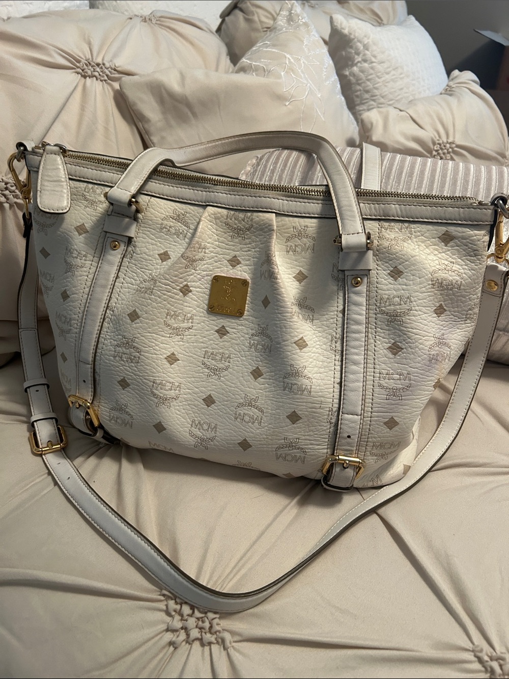 MCM Cream Monogram Leather Tote with Gold Hardware